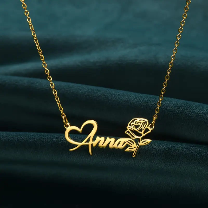 COLLAR CLASICO CON NOMBRE CORAZON Y ROSA