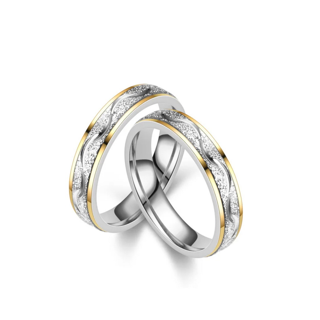 DUO DE ANILLOS PARA PAREJA BICOLOR ESCARCHADOS