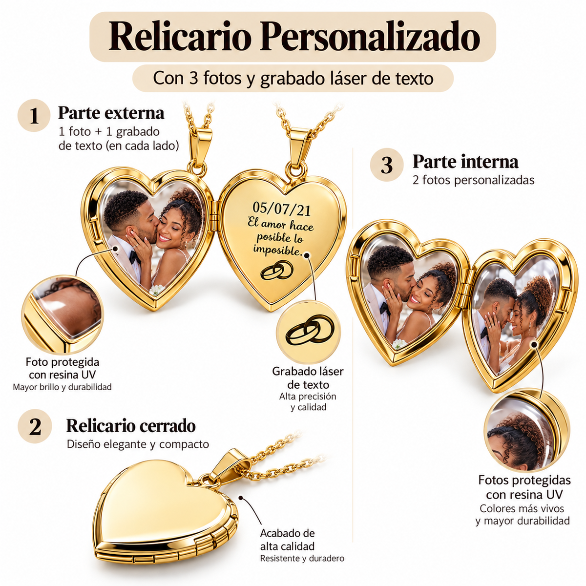 COLLAR RELICARIO CORAZÓN CON 3 FOTOS
