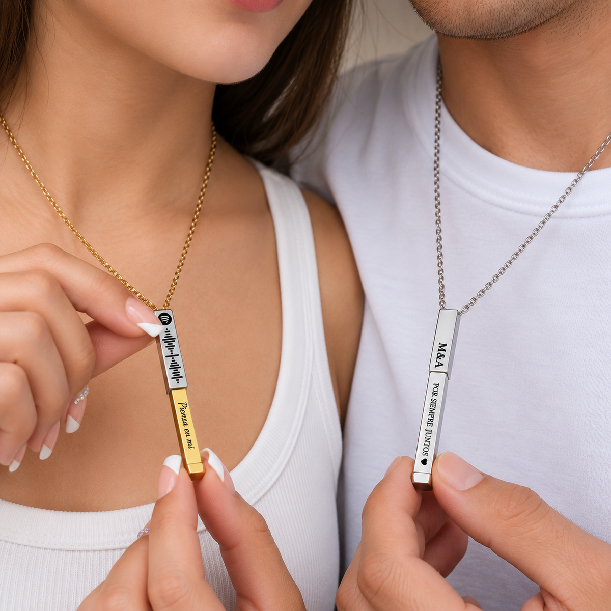 COLLAR PARA PAREJA LINGOTE CON MENSAJE OCULTO 360°