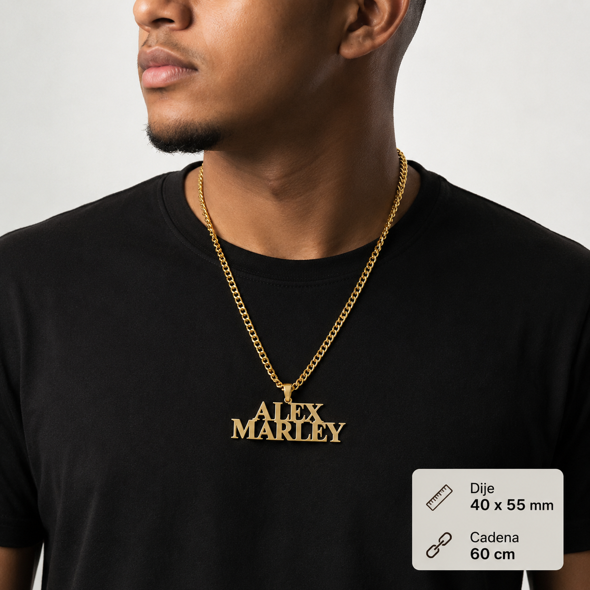 Male necklace with name in capital letters and thick chain