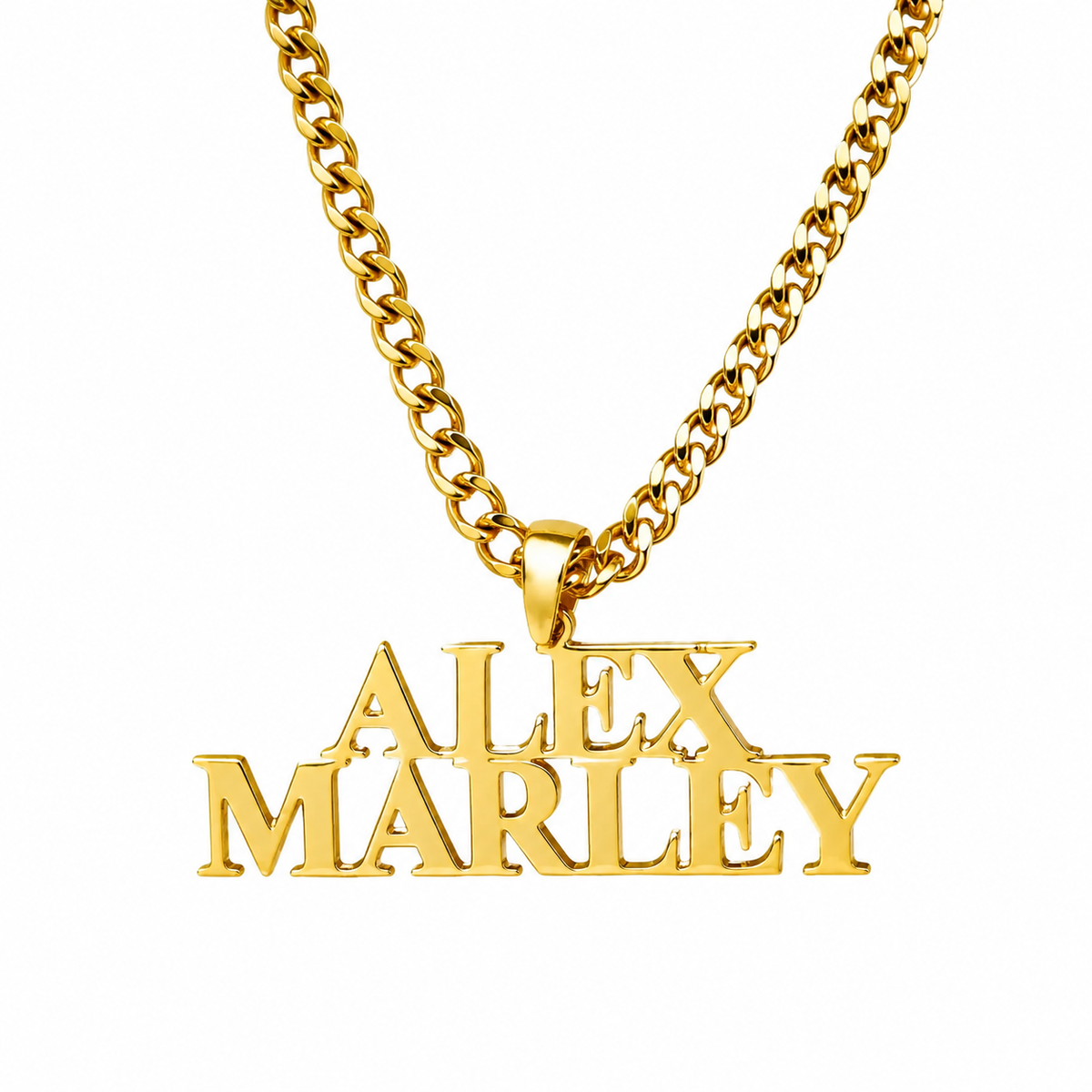 Male necklace with name in capital letters and thick chain