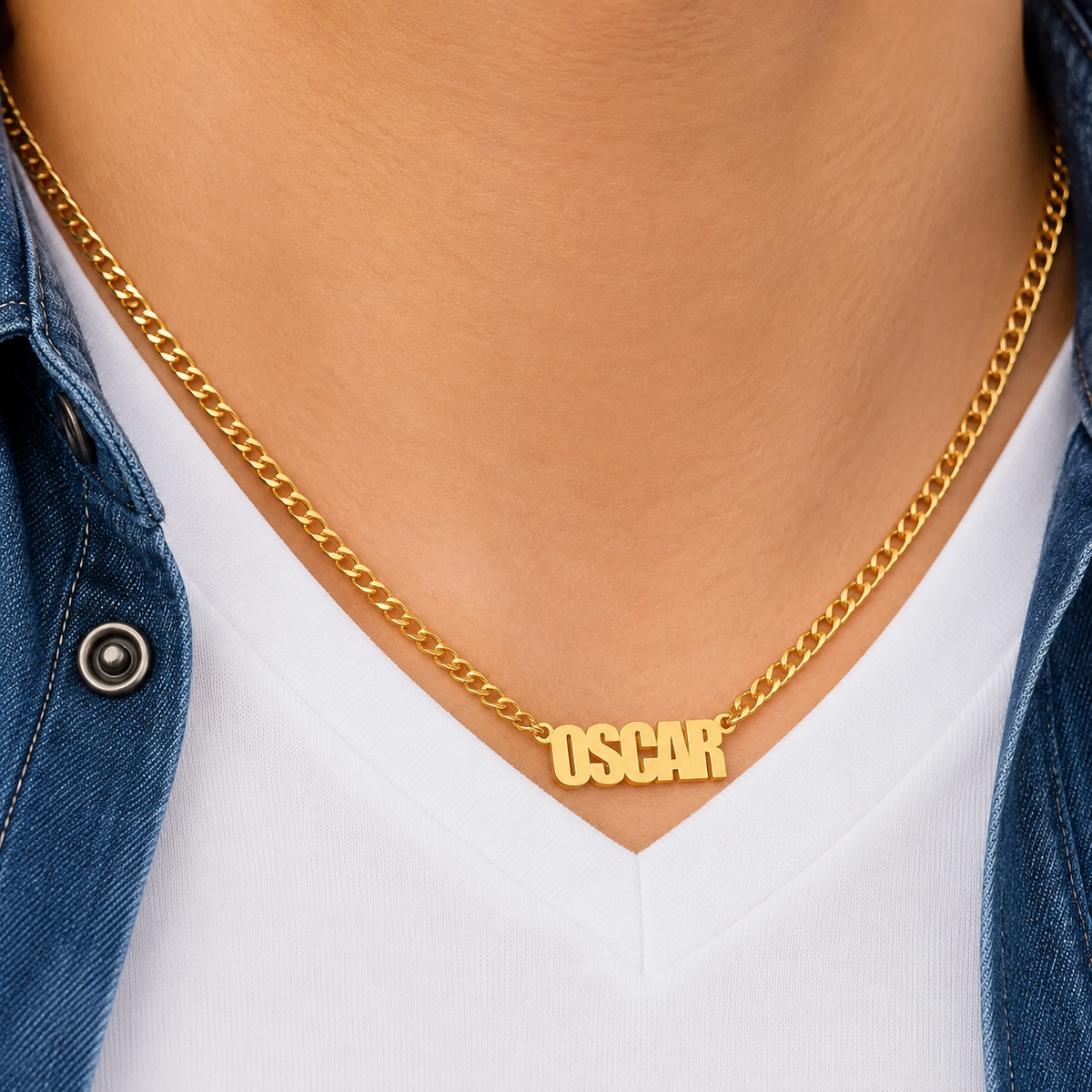 Male necklace with name in capital letters and thick chain