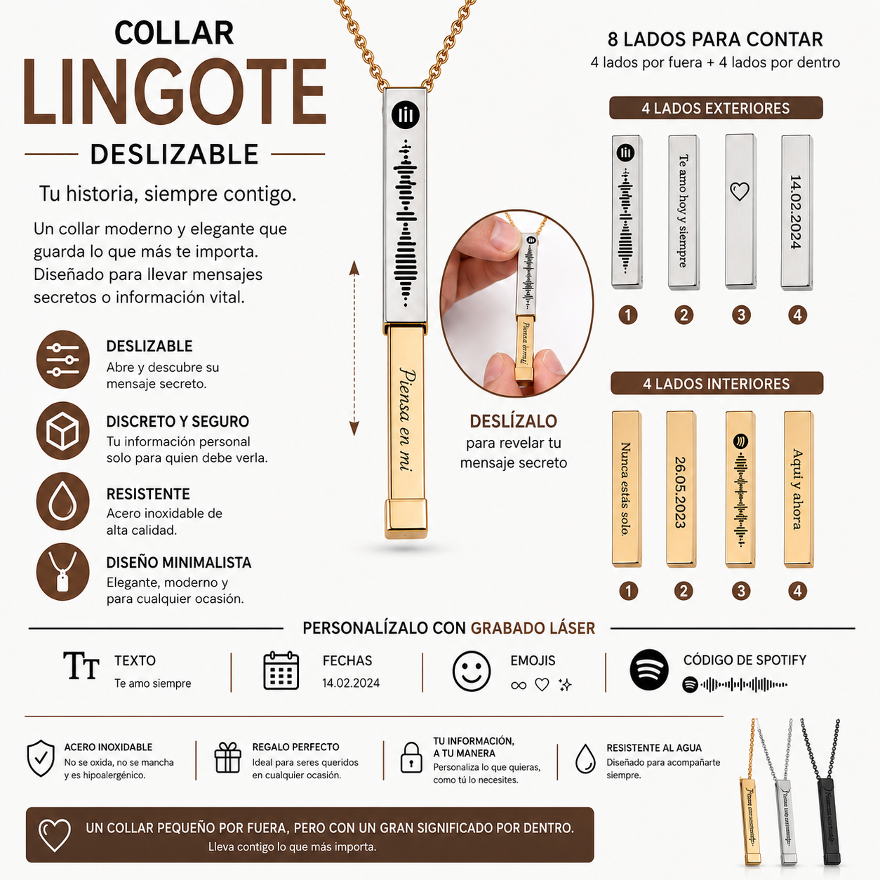 Collar lingote deslizable con mensaje oculto 360°