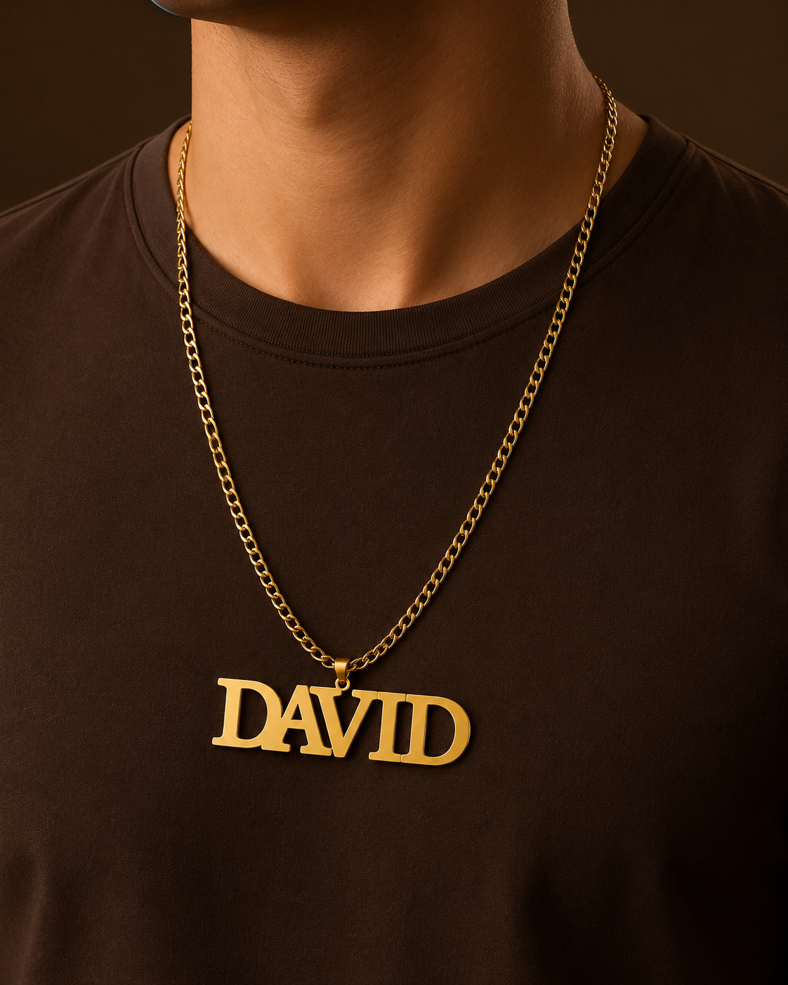 Male necklace with name in capital letters and thick chain