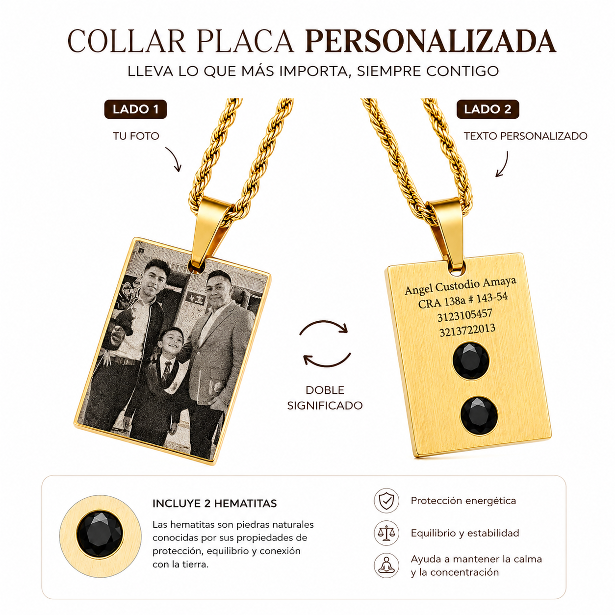 Collar placa rectangular con hematita personalizada