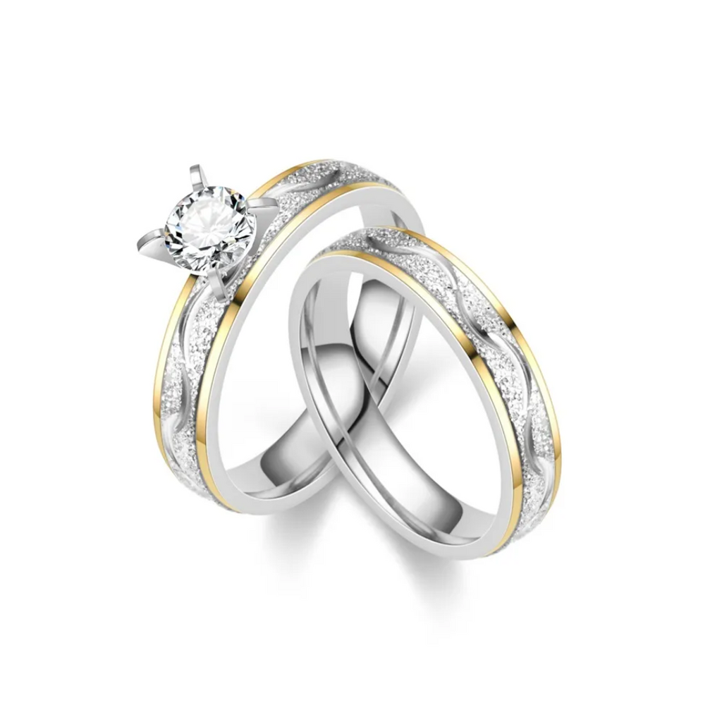 DUO DE ANILLOS PARA PAREJA BICOLOR ESCARCHADOS