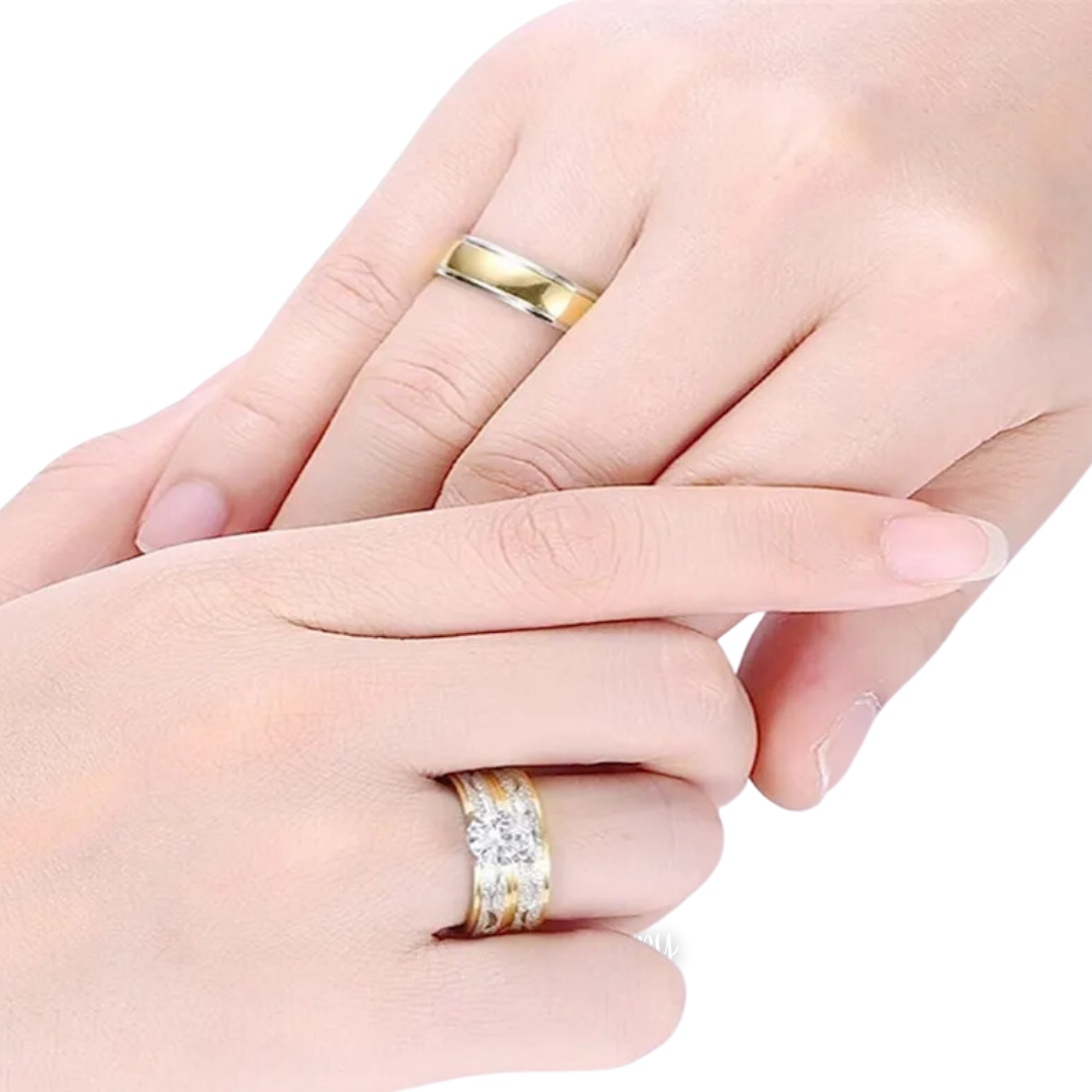 Duo diamanten koppelringen met gouden rand 