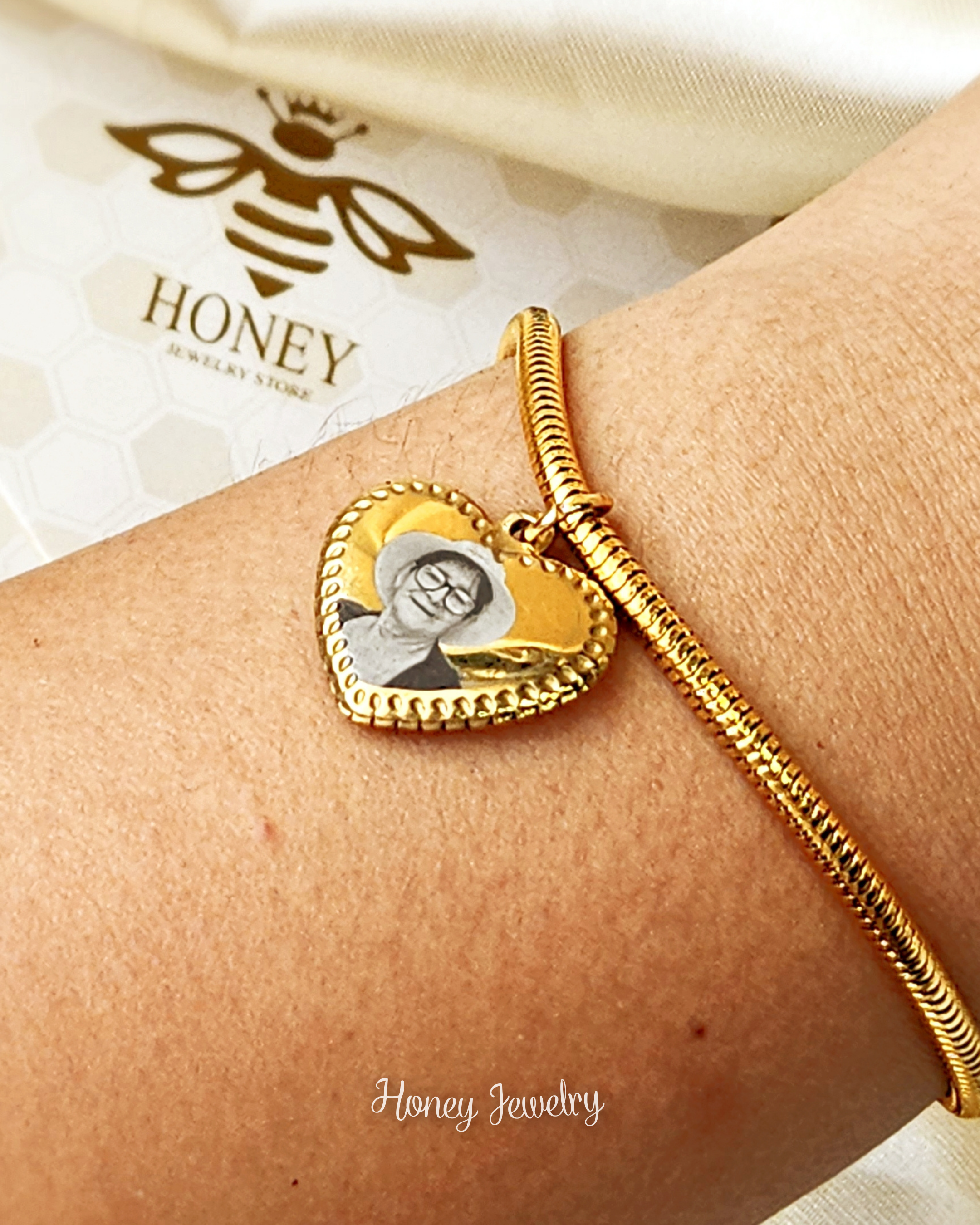 Pandora-style photo-engraved bracelet + heart charm
