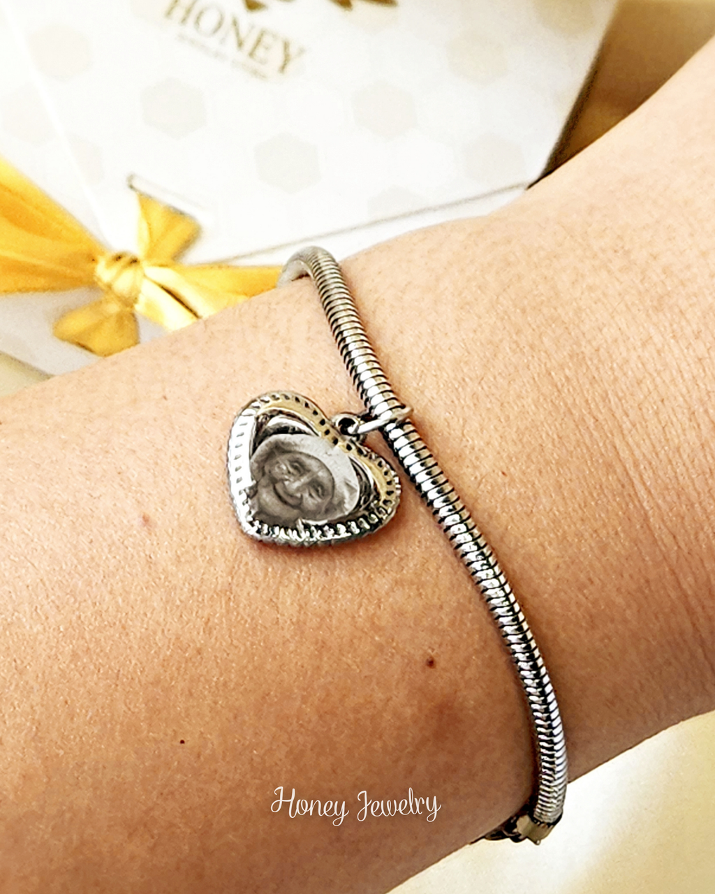 Pandora-style photo-engraved bracelet + heart charm