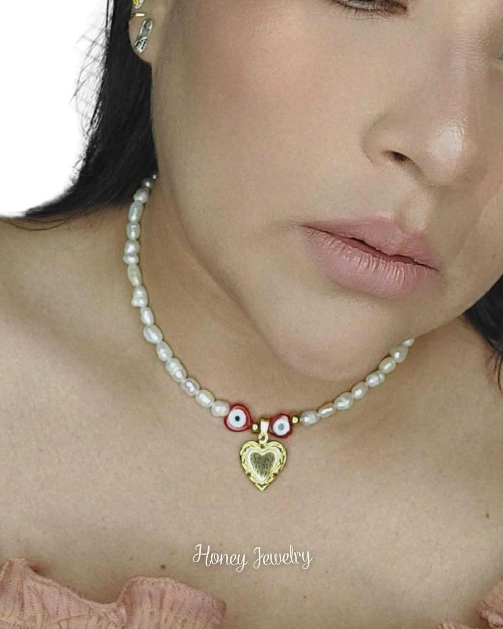 COLLAR RELICARIO CORAZON CON PERLAS NATURALES Y OJO TURCO