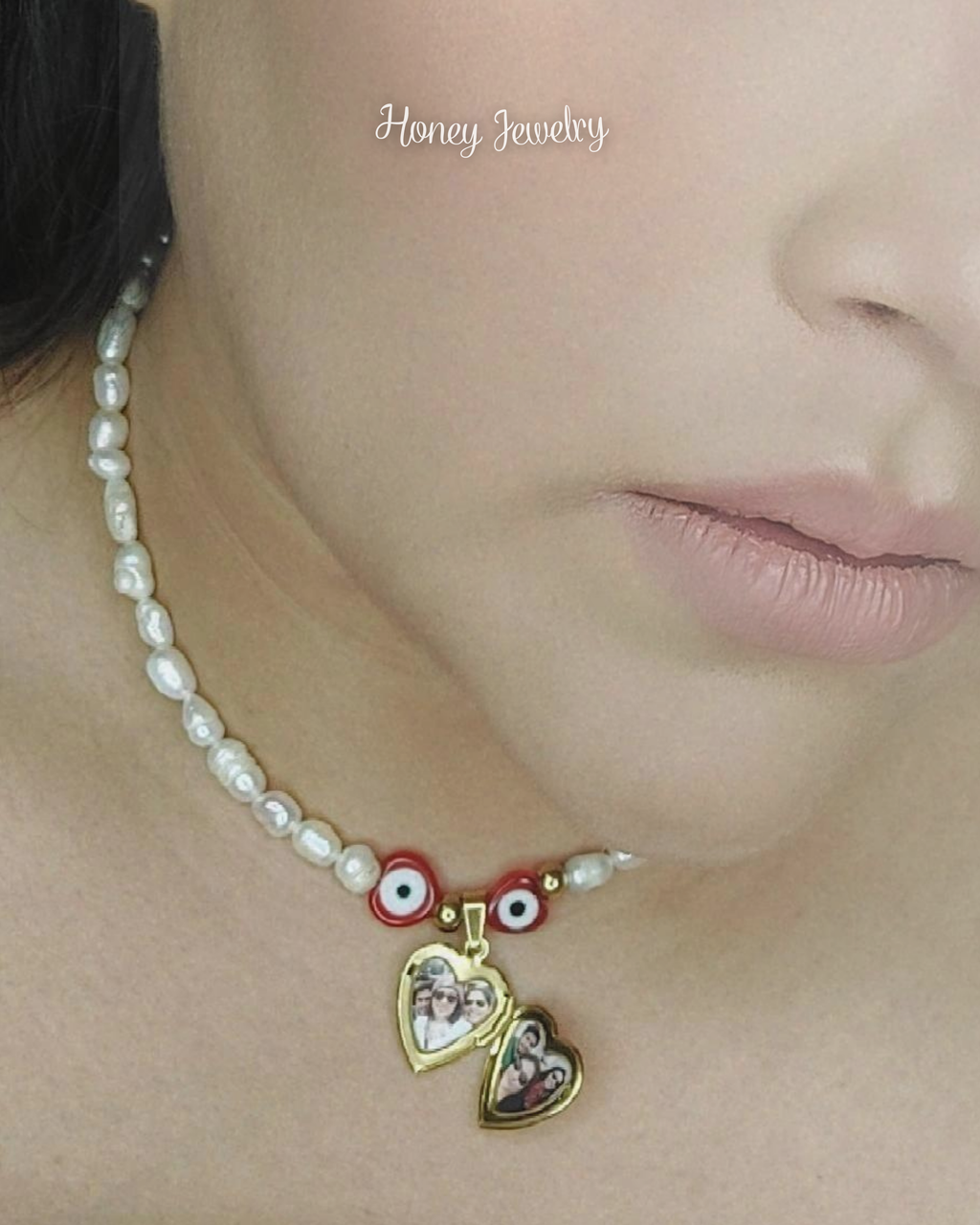 COLLAR RELICARIO CORAZON CON PERLAS NATURALES Y OJO TURCO