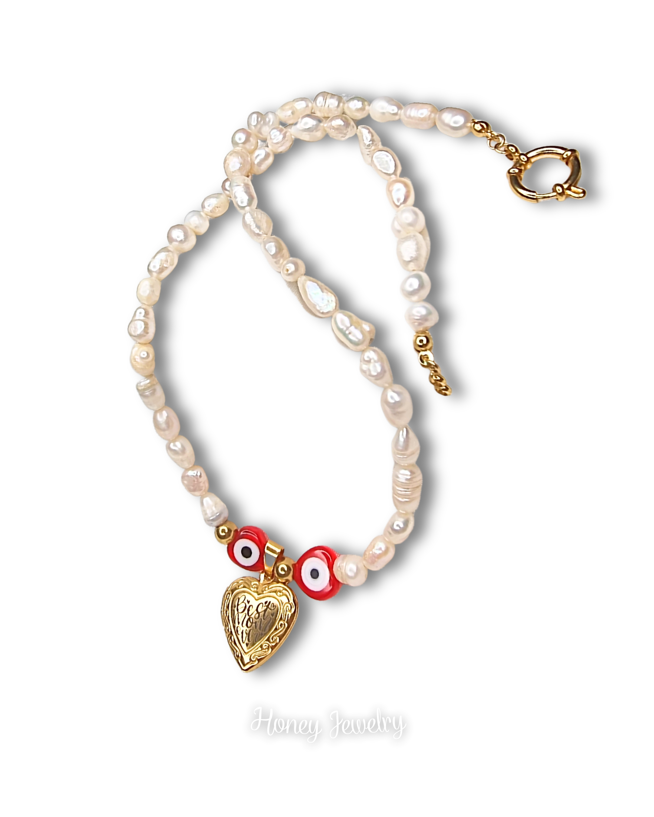 COLLAR RELICARIO CORAZON CON PERLAS NATURALES Y OJO TURCO