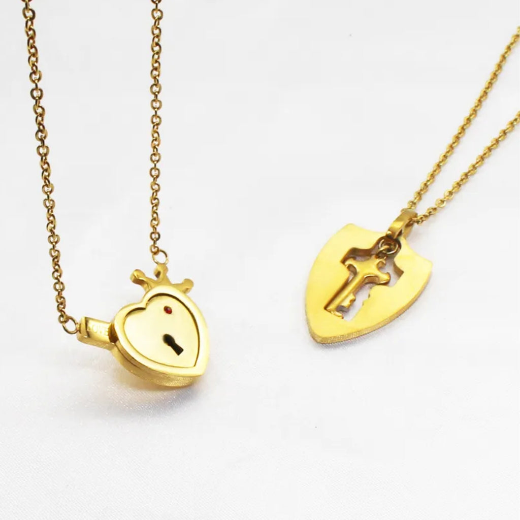 Couples lock and key necklace set