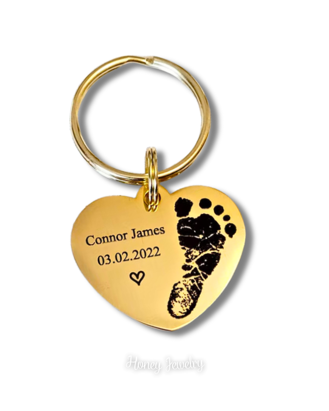 LLAVERO PLACA CORAZON CON HUELLAS DE BEBÉ