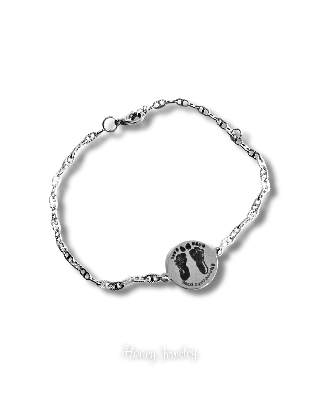 PULSERA PLACA REDONDA CON HUELLAS DE BEBE
