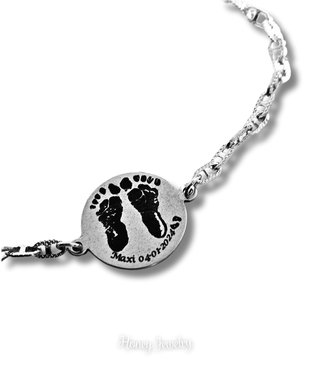 PULSERA PLACA REDONDA CON HUELLAS DE BEBE